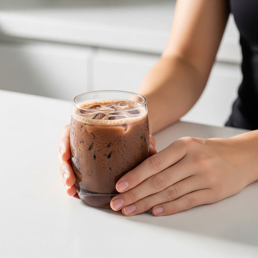 Hands holding a glass of iced 38% organic hot chocolate on a light surface