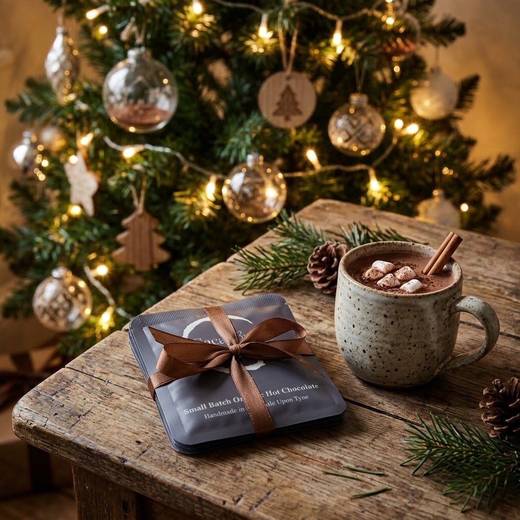 Cacao Brew Gift set bundle next to a cup of hot chocolate with a lit christmas tree in the background