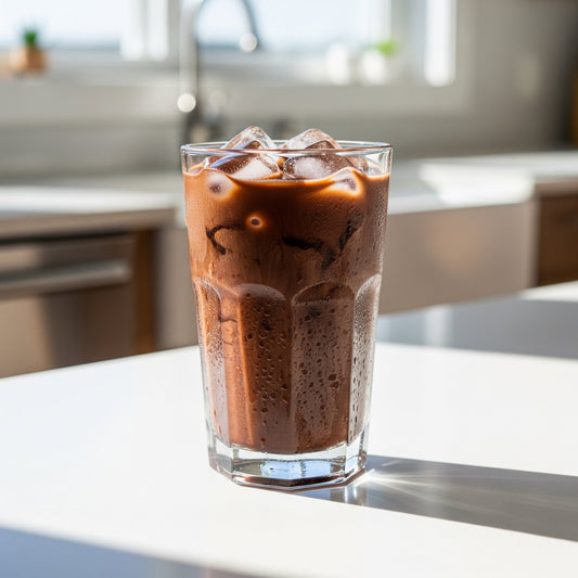 Tall glass of cacao brew iced organic hot chocolate