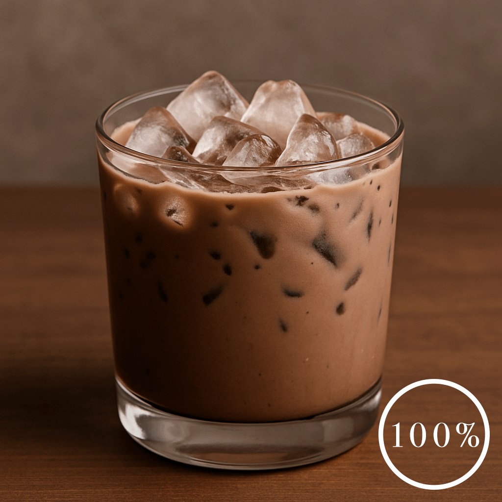Glass of iced 100% organic hot chocolate drink with ice cubes on a wooden surface
