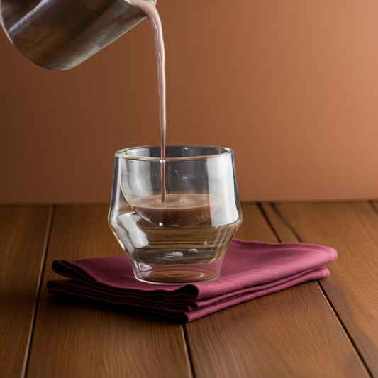 55% Organic Hot chocolate being poured from a metal pitcher into a glass on a wooden surface with a burgundy napkin.