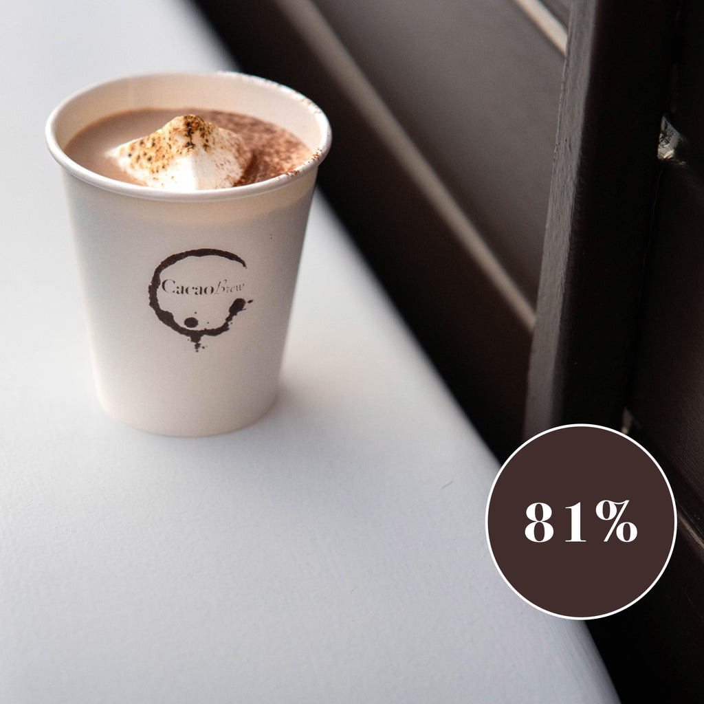 Close up of a cacao brew branded paper cup containing luxury organic hot chocolate and a mega mallow. Cup is placed on the mudguard of the Cacao Brew drinks trailer. A circular sign shows 81% which indicates the percentage of cacao powder in this drink.