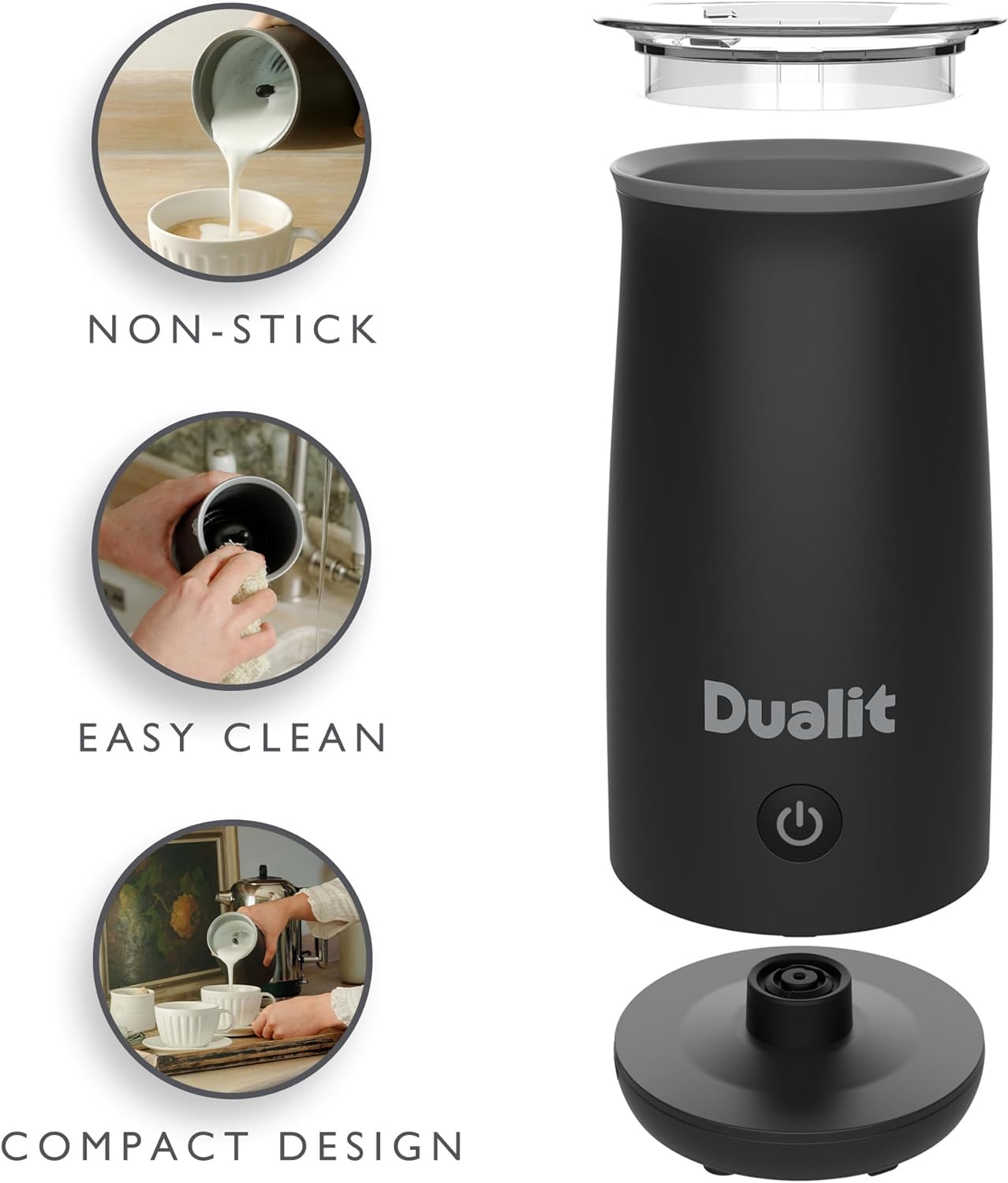 Dualit Milk Frother and Hot Chocolate Maker showing that it is non-stick, easy clean and compact design.