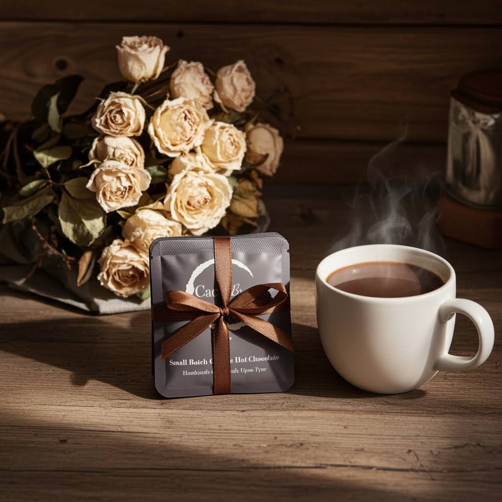 Organic Hot Chocolate bundle  of 5 sachets next to a steaming cup, surrounded by cream dried roses.