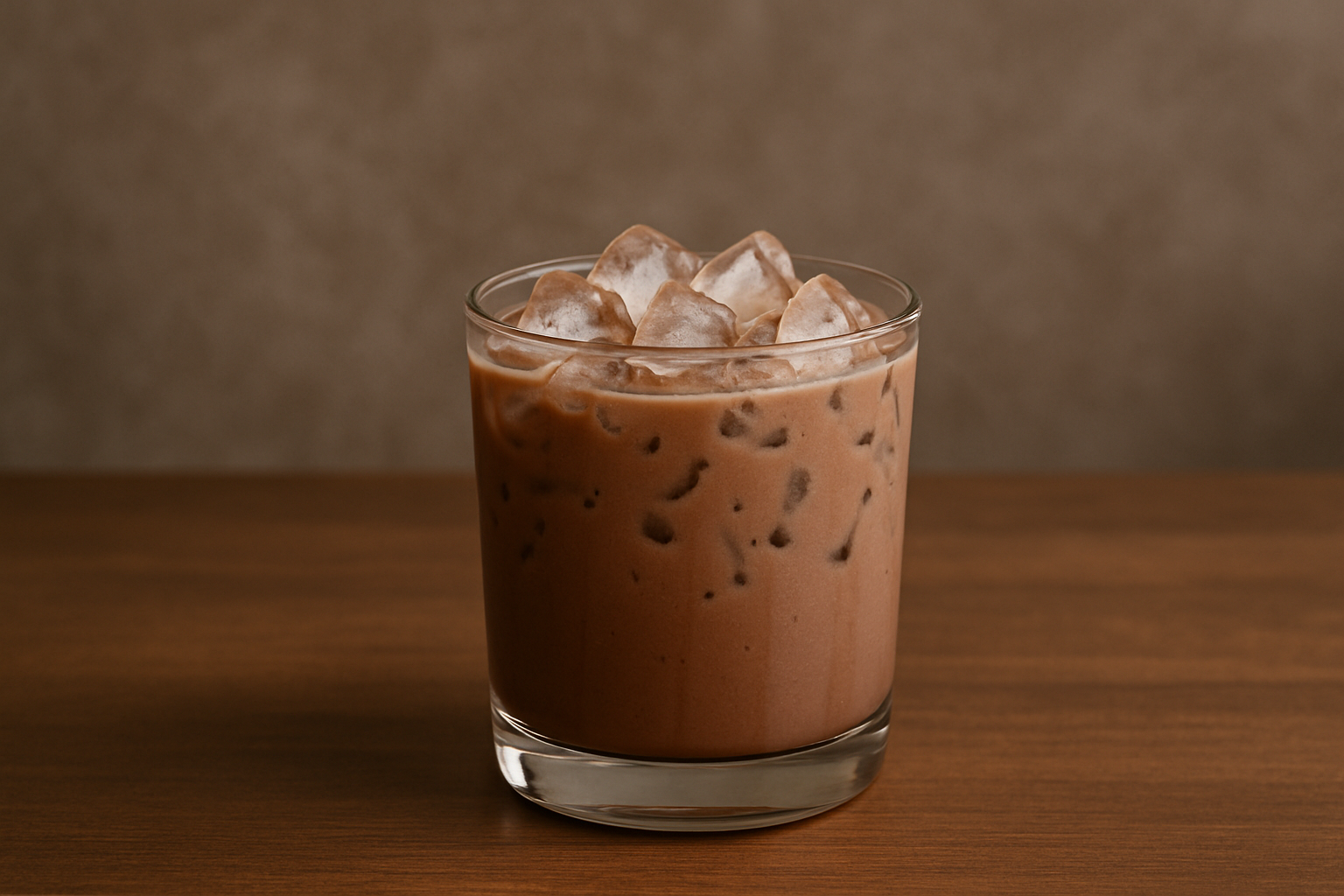 Glass of iced organic hot chocolate with ice cubes on a wooden surface