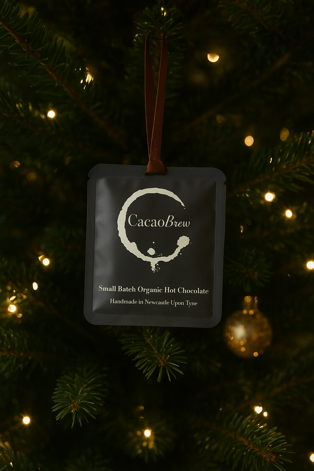Organic Hot Chocolate sachet hanging from christmas tree with luxurious brown ribbon.
