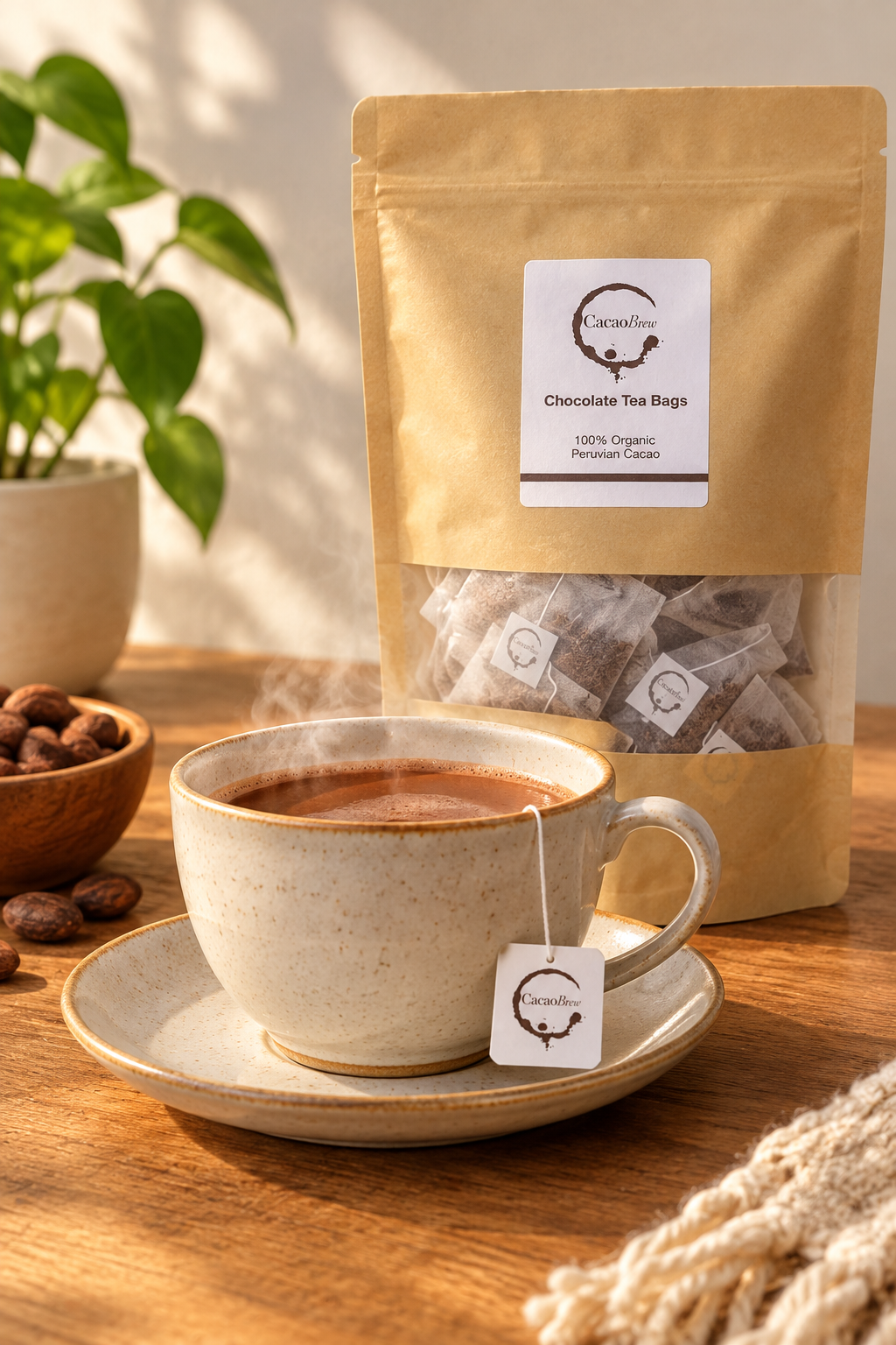 Large bag of 50 Peruvian brew bags containing chocolate tea with a cup of chocolate tea in the foreground